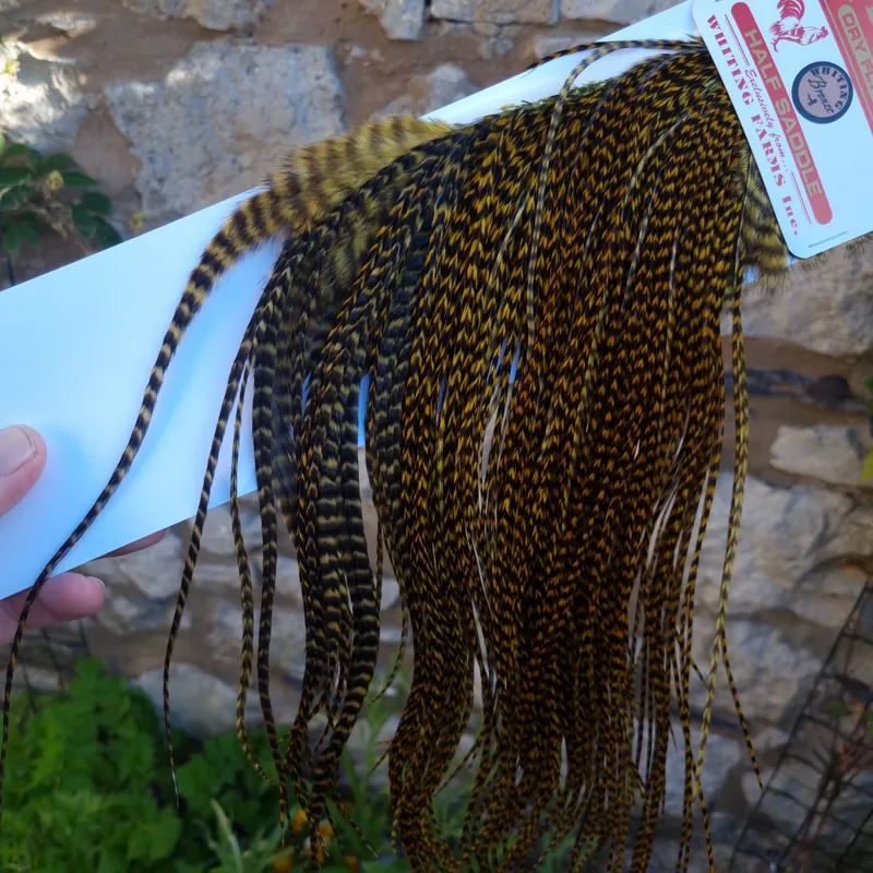 Whiting 1/2 BRONZE Grade Dry Fly Rooster Saddle in Grizzly Dyed Golden Olive-4